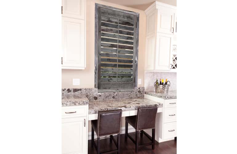 Reclaimed wood shutters on kitchen window in Atlanta